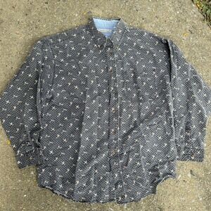 Bugle Boy Company Mens XL Duck Print Button Down Shirt Grey Ramie Cotton Vintage